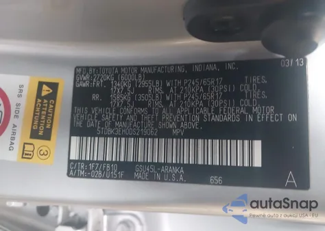 2013 Toyota Highlander Base V6 from USA, damaged, VIN 5TDBK3EH0DS219062